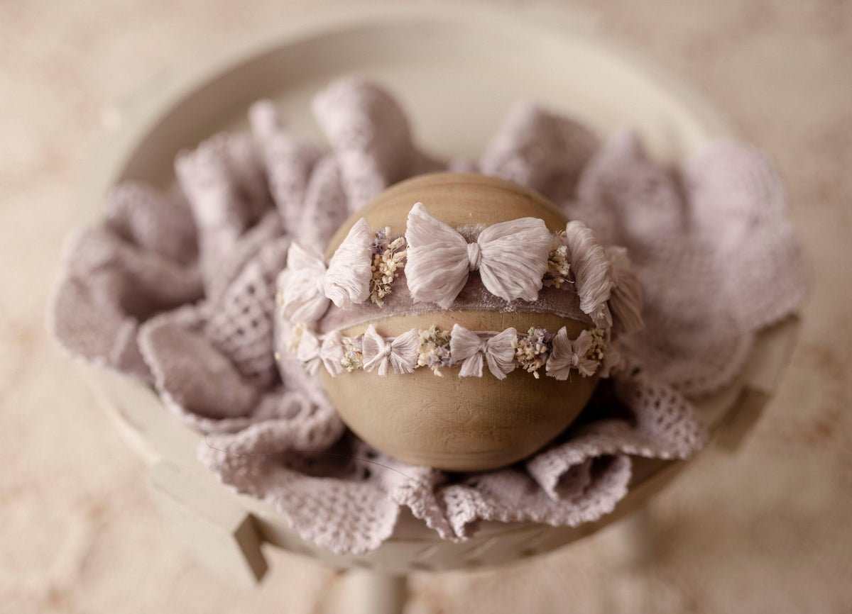 Lilac sitter bow halo, newborn halo and vintage layer set by Olive & Lace